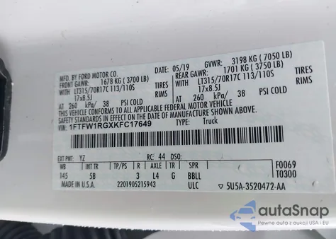 2019 Ford F-150 Raptor z USA, uszkodzony, nr VIN 1FTFW1RGXKFC17649